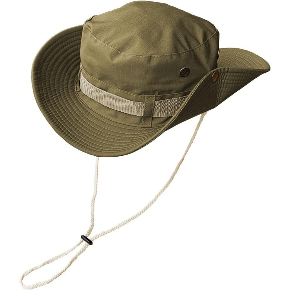 Unisex Khaki 100% Polyester Wide Brim Boonie With Chin Strap Classic Hiking Hat